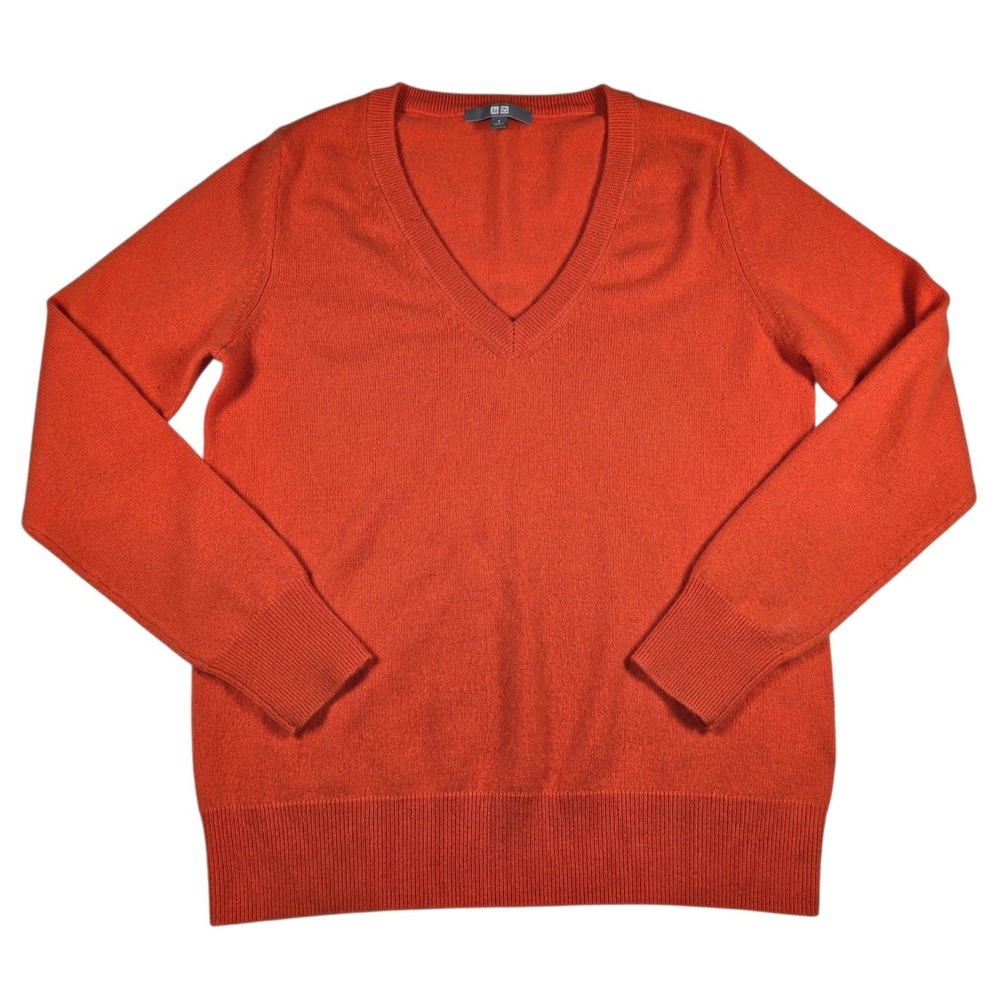 Uniqlo 100% Cashmere Bright Orange Fall V-Neck Pullover Jumper Sweater Women's S